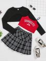 SHEIN Kids HYPEME Girls' Sporty Knit Round Neck Long Sleeve Shirt, Camisole Top, Plaid Pleated Skirt Outfit