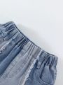 Young Girls' Vintage Street Style Color Block Elastic Waist Frayed Denim Shorts