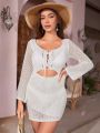 SHEIN Swim Y2GLAM Women'S Long Sleeve Hollow Out Lace Up Cover Up