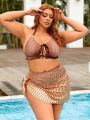 SHEIN Swim SXY Plus Size Wave Striped Front Tie Bikini Set And Swim Skirt