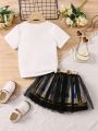 SHEIN Kids Nujoom Young Girl's Baroque Pattern Short Sleeve T-Shirt And Mesh Hem Skirt Set