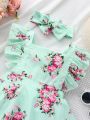 Baby Allover Floral Print Ruffle Trim Combo Bodysuit Dress & Headband