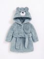 SHEIN Baby Boy Cartoon Embroidery 3D Ear Design Hooded Belted Teddy Sleep Robe