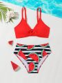 Tween Girls' Solid Color Top, Striped Watermelon Printed Bottoms, Swimsuit Set