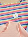 SHEIN Kids QTFun Big Girls' Knitted Pure Color Flower Pattern Round Neck Cute T-Shirt Set Of 3