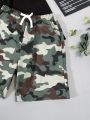 SHEIN Kids EVRYDAY Tween Boys' Loose Fit Casual Woven Camo & Solid Color Shorts 2pcs/set