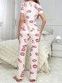 Lip Print V-Neck Pajama Set