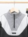 SHEIN Boys' Patchwork Color Block Letter Detail Stand Collar Sweatshirt And Pants Outfit, Youth