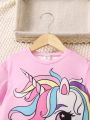 SHEIN Kids QTFun Little Girls' Unicorn Printed Short Sleeve T-shirt And Long Pants Set