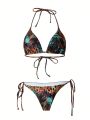 SHEIN Swim Y2GLAM Women'S All-Over Printed Halterneck Lace-Up Swimsuit Bikini (Random Printing)