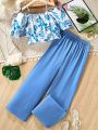 2pcs Teen Girl's Tropical Print Hollow Shoulder Crop Top And Denim Flare Pants Set, Summer