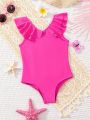 SHEIN Young Girl Casual Knitted Solid Color One Piece Swimsuit With V-Neck Design