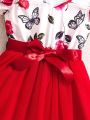 Tween Girls' Elegant Vintage Rose, Butterfly Pattern Printed Mesh Hem Dress