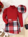 Little Girls' Solid Color High Neck T-shirt And Plaid Button Detail Skirt Two Piece Set