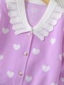 Little Girls' Heart Pattern Contrast Color Lapel Cardigan Jacket