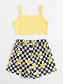 SHEIN Kids HYPEME Toddler Girls Crop Cami Top & Floral and Checkered Shorts Set