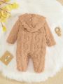 SHEIN Baby Girl Solid Teddy Hooded Jumpsuit
