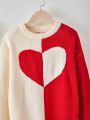 SHEIN Kids EVRYDAY Tween Girls' Casual Loose Fit Round Neck Heart Print Colorblock Pullover Sweater With Long Sleeves