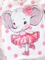 2pcs Baby Girls' Cartoon Elephant Polka Dot Print Short Romper For Summer