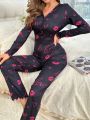 Lip & Heart Pattern Long Sleeve Long Pants Sleepwear Jumpsuit