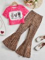 SHEIN Kids QTFun Girls Heart & Letter Graphic Tee & Leopard Print Flare Leg Pants