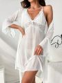 Women's Long Sleeve Robe And Lace Camisole Dress Sleepwear Set