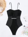 SHEIN Swim Chicsea Ladies' Fashionable One-Piece Swimsuit With Imitation Pearl Decorated Plunging Neckline Design