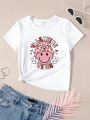 SHEIN Girls' Cute Cartoon & Emoticon Pattern Short Sleeve T-Shirt