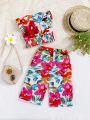 SHEIN Baby Girls' Summer Holiday Floral Pattern Short Sleeve Top And Pants Set