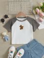 SHEIN Kids QTFun Tween Girls' Knitted Patchwork Teddy Bear Short Sleeve T-Shirt For Casual Wear