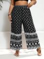 SHEIN Swim BohoFeel Plus Size High Waisted Cover Up Pants With Full Print Pattern