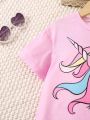 SHEIN Kids QTFun Little Girls' Unicorn Printed Short Sleeve T-shirt And Long Pants Set