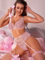 Women's Sexy Lingerie Set Including Bra With Underwire, T-Back, Garters, 2 Pairs Of Stockings