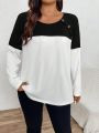 Plus Size Women's Color Block Button Decorated T-shirt