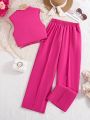 Teen Girls' Solid Color Cross Strap Tank Top & Pants 2pcs/Set