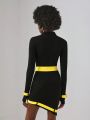 VB Collection Geo Print Mock Neck Asymmetrical Hem Belted Dress