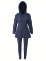SHEIN LUNE Large Size Solid Color Drawstring Hooded Casual Two-piece Set