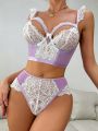 2pcs/Set Ladies' Contrast Color Net Mesh Panel Hollow Out Detail Lace Bra With Underwire And Triangle Panties Lingerie