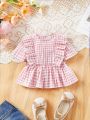 SHEIN Baby Girl'S Summer Casual Pink Plaid Ruffle Hem Short Sleeve Top