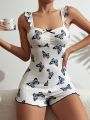 Butterfly Print Lettuce Trim Lace Back Romper