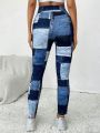 SHEIN Essnce Faux Denim Patchwork Printed Leggings