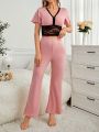 Contrasting Color Lace Decorated Flare Sleeve Top & Pants Pajama Set