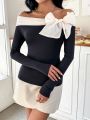 SHEIN Privé Elegant Color Block Bowknot Off Shoulder Long Sleeve T-shirt