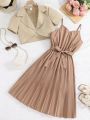 Teenage Girls' Lapel Collar Short Sleeve Blazer And Belted Cami Dress Set