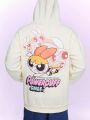 The Powerpuff Girls | ROMWE Guys Cartoon Letter Print Zip-up Hoodie With Drawstring