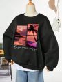 SHEIN EZwear Plus Scenery & Slogan Graphic Drop Shoulder Thermal Lined Sweatshirt