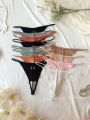 Women's Solid Color Ribbed Thong Panties (12 Pieces/Set)