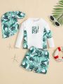 SHEIN Baby Boy Plant Patterned Raglan Sleeves Round Neck Top, Shorts, Hat & Swimming Suit 4pcs/Set