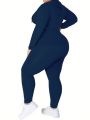 Plus Size Women'S Zipper Front Hooded Top And Leggings Two Piece Set