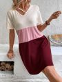 Color Blocking Asymmetrical Neckline Casual Dress